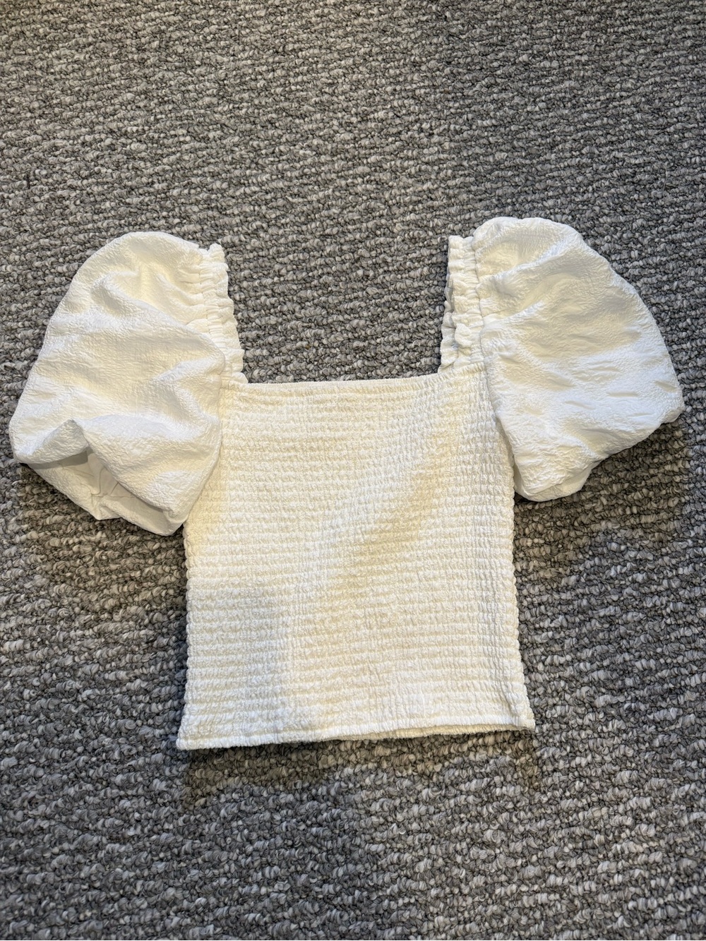 Steve Madden White Puff-Sleeve Smocked Square-Neck Crop Top